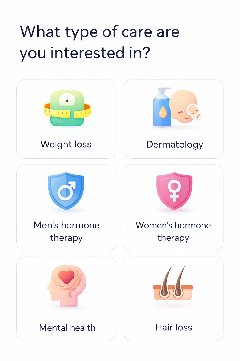Eligibility questionnaire screen showing care interest options