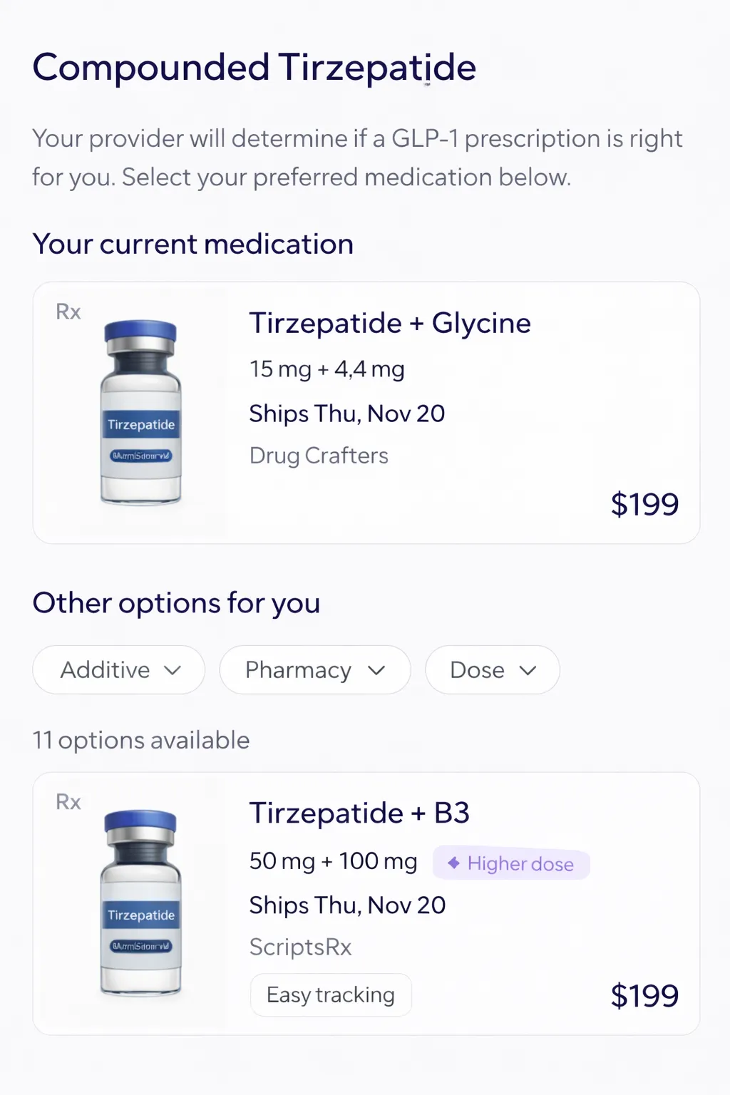 Pharmacy selection screen showing trusted pharmacy pickup and delivery choices