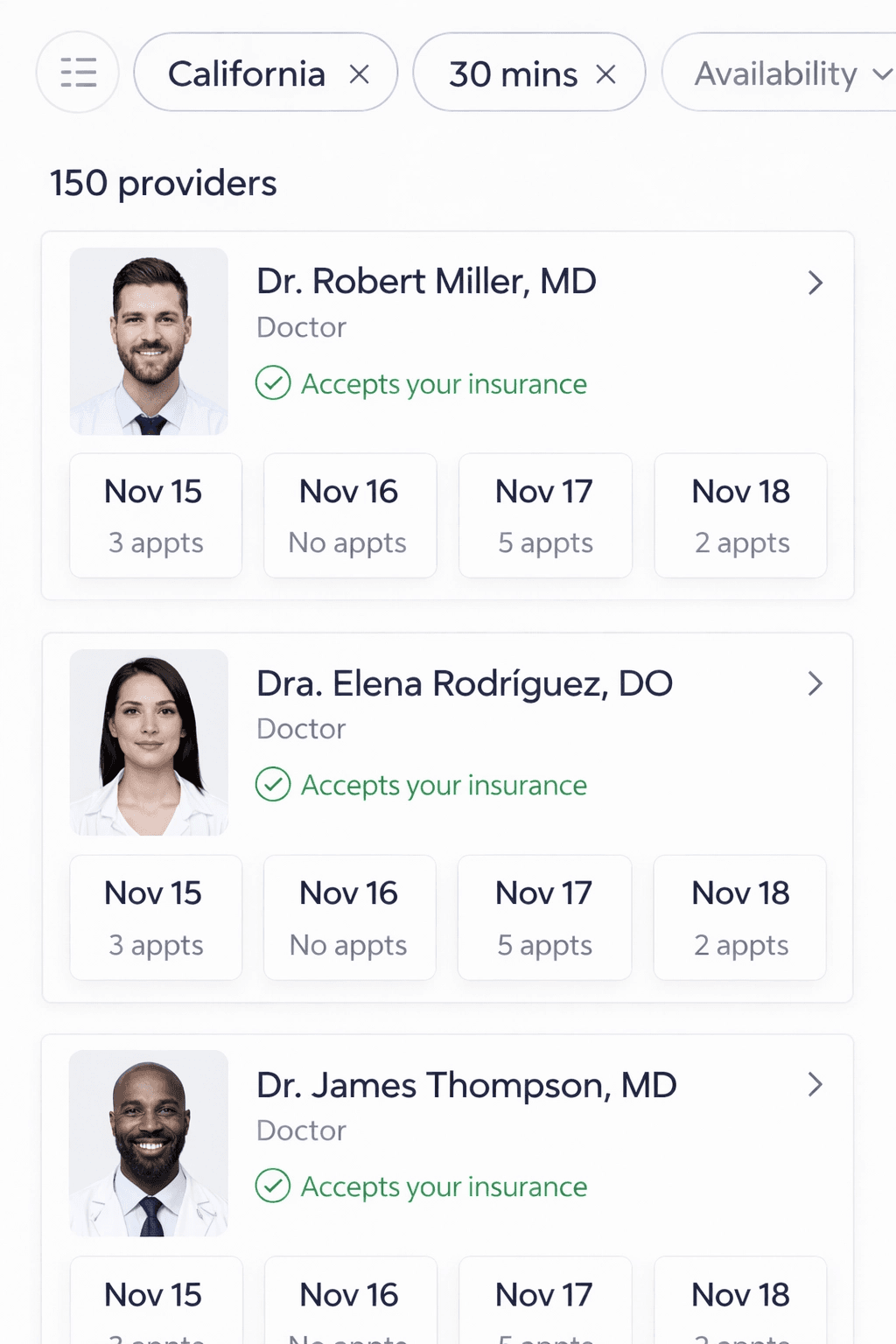 Provider selection screen with clinician cards and appointment options
