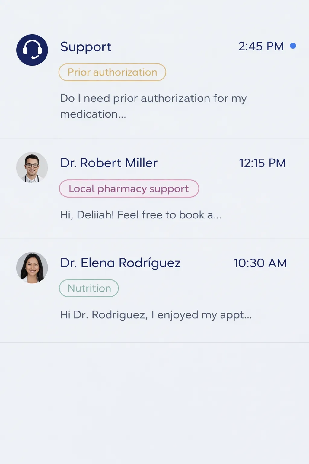 Secure support messaging screen with care team conversations and coaching